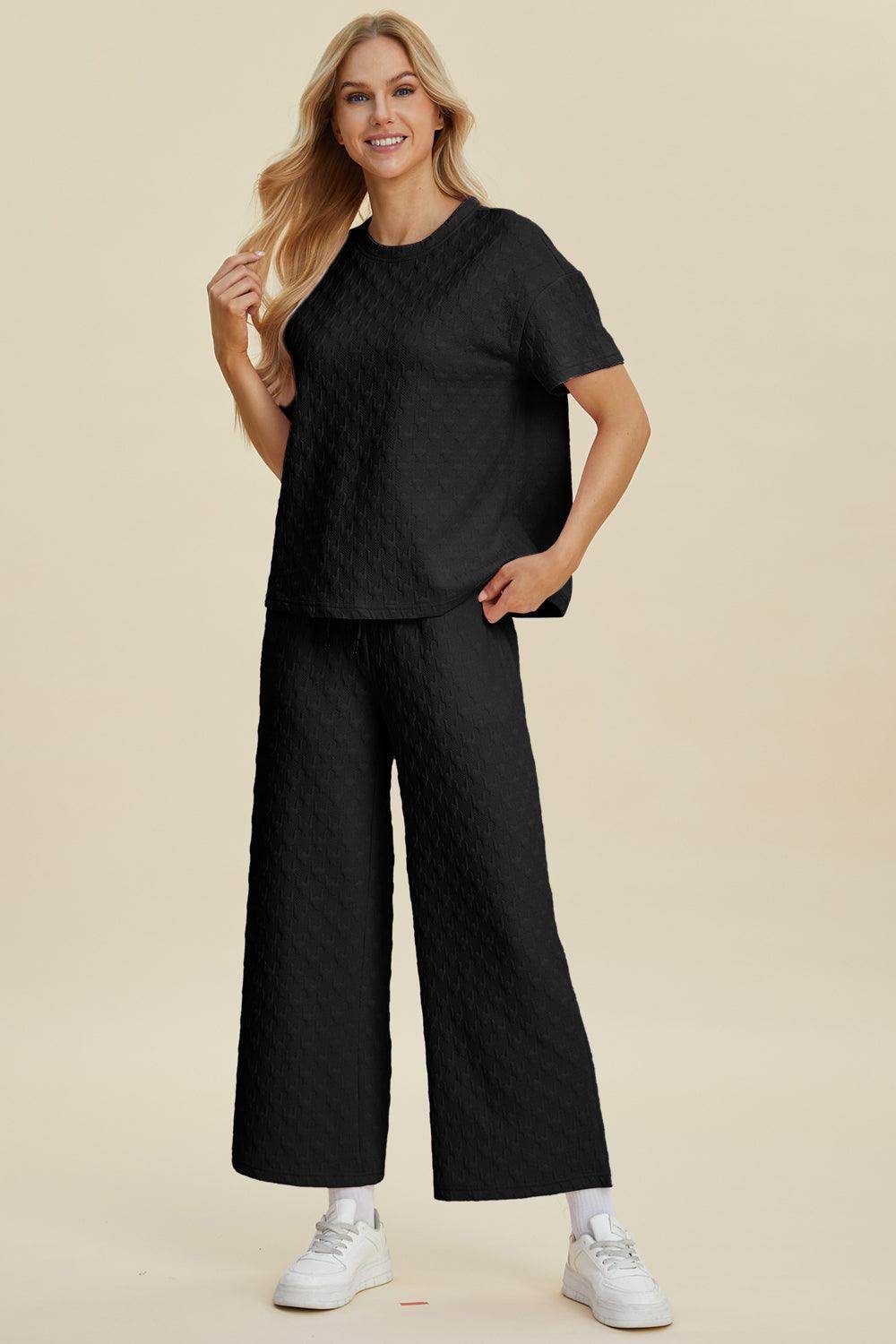 Double Take Full Size Texture Round Neck Top and Pants Set - Selvanelle