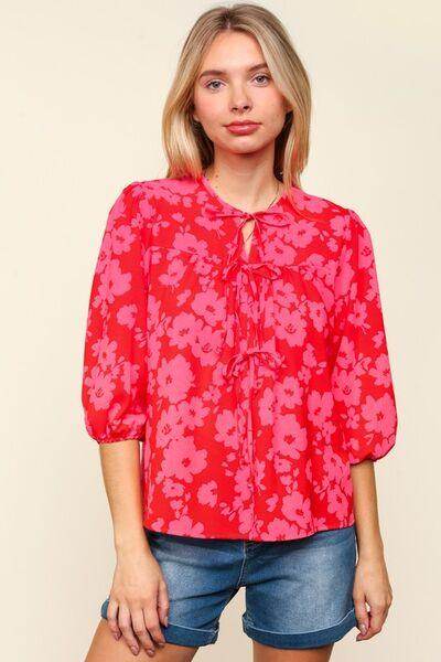 Haptics Full Size Ribbon Bow Floral Balloon Sleeve Blouse - Selvanelle