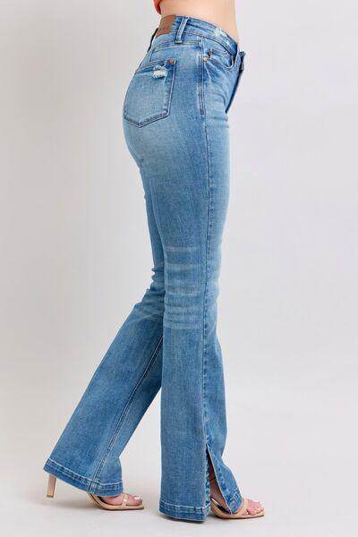 Judy Blue HW Tummy Control Vintage Wash Side Slit Slim Boot Jeans - Selvanelle
