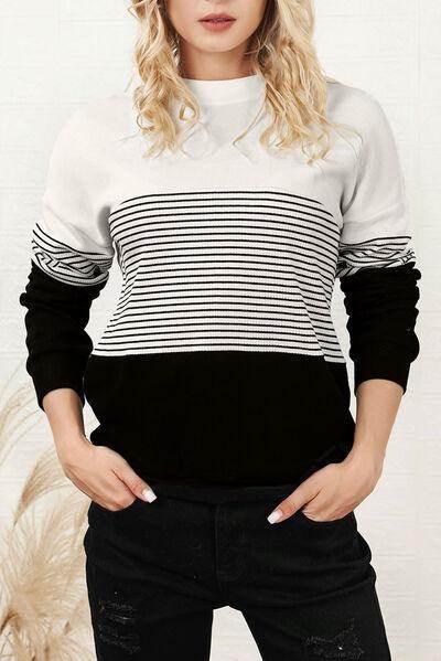 Striped Color Block Long Sleeve Knit Top for Women - Selvanelle