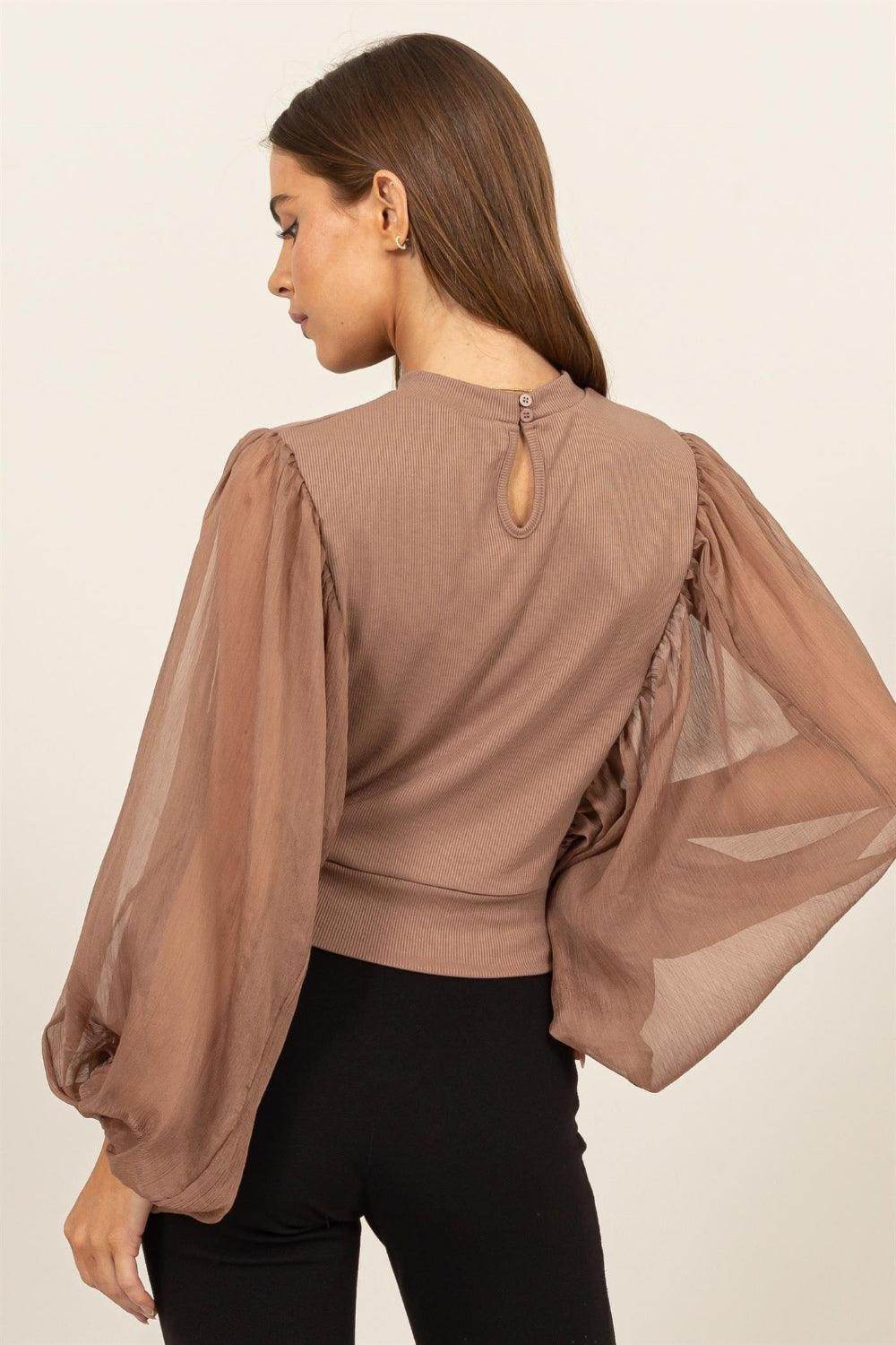 HYFVE Ruched Sheer Long Sleeve Mock Neck Blouse for Elegance - Selvanelle