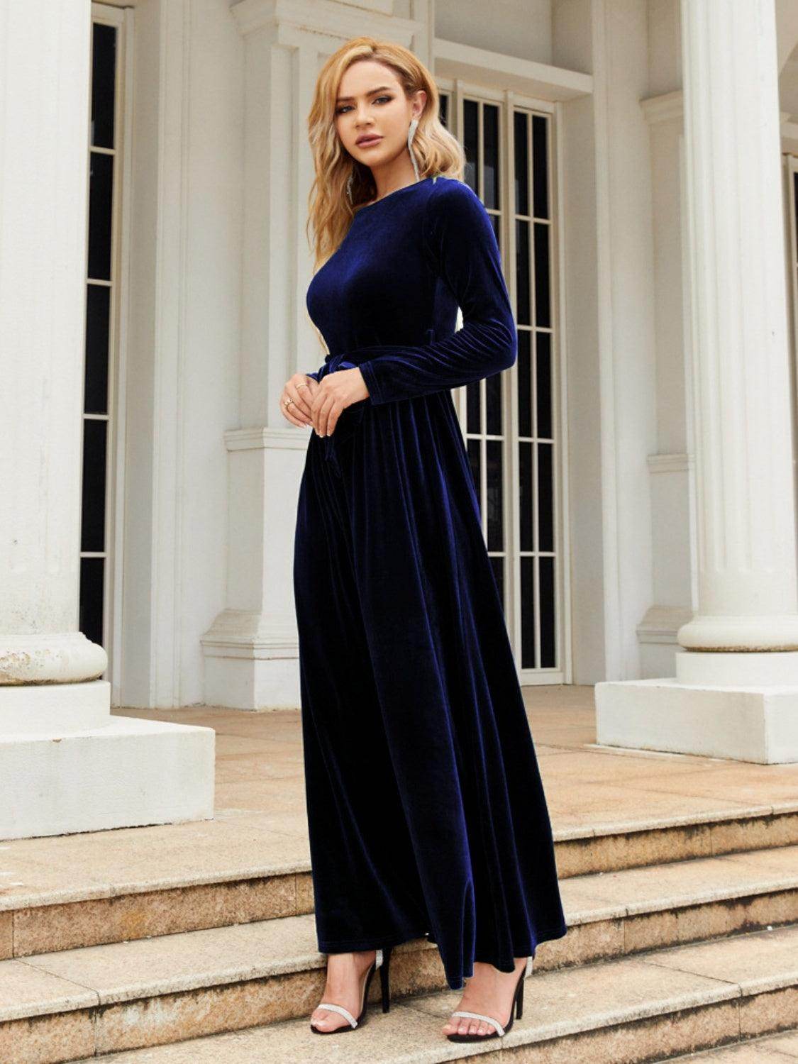 Tie Front Round Neck Long Sleeve Maxi Dress for Women - Selvanelle