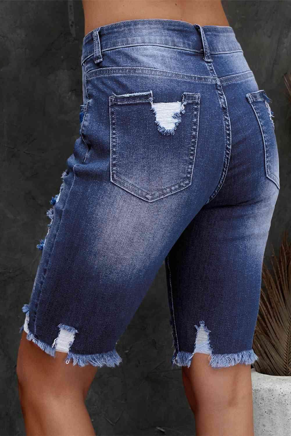 Distressed Frayed Hem Denim Bermuda Shorts for Women - Selvanelle
