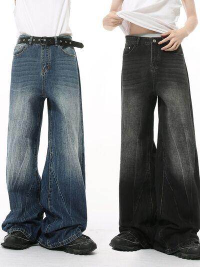 Washed Lightning Pattern Wide Leg Jeans for Stylish Comfort - Selvanelle
