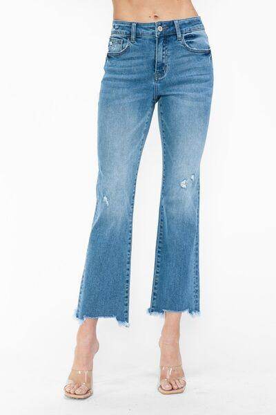 bytos Raw Hem Distressed Mid Rise Crop Jeans for Women - Selvanelle