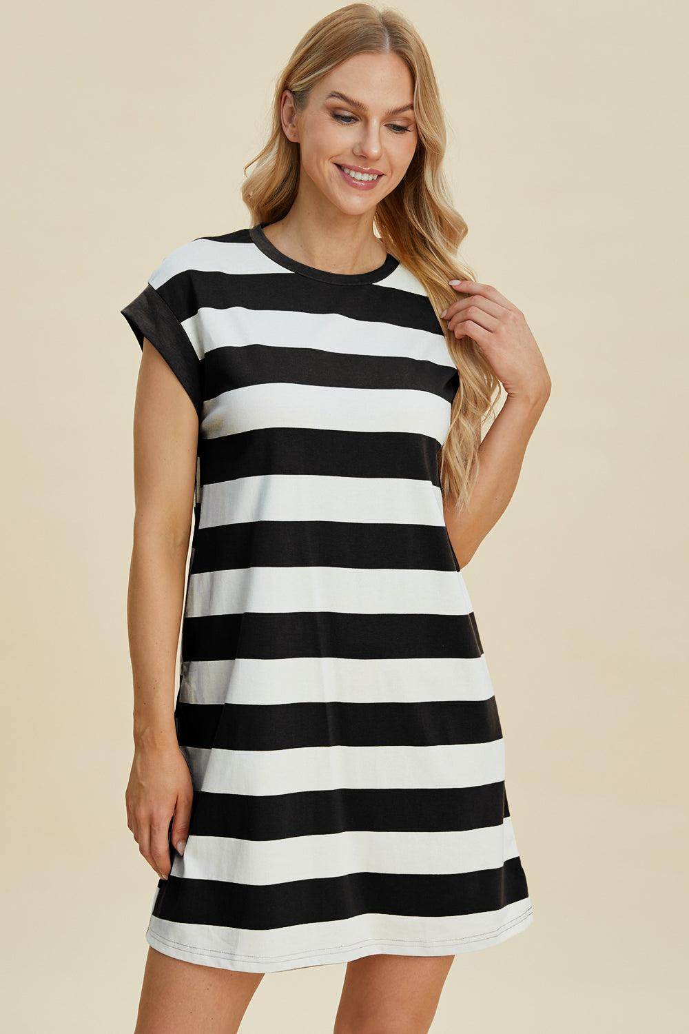 Basic Bae Full Size Striped Round Neck Cap Sleeve Mini Dress - Selvanelle