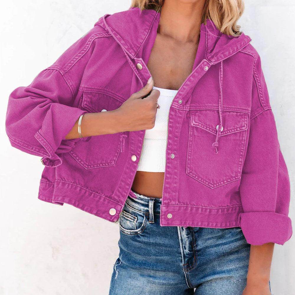Hooded Dropped Shoulder Denim Jacket for Women Casual Wear - Selvanelle