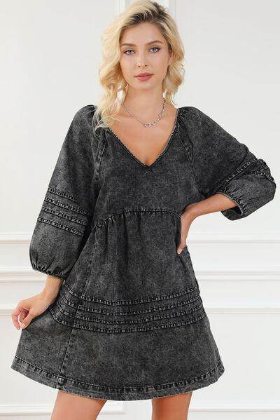 V-Neck Tie Back Mini Denim Dress for Women in Various Sizes - Selvanelle