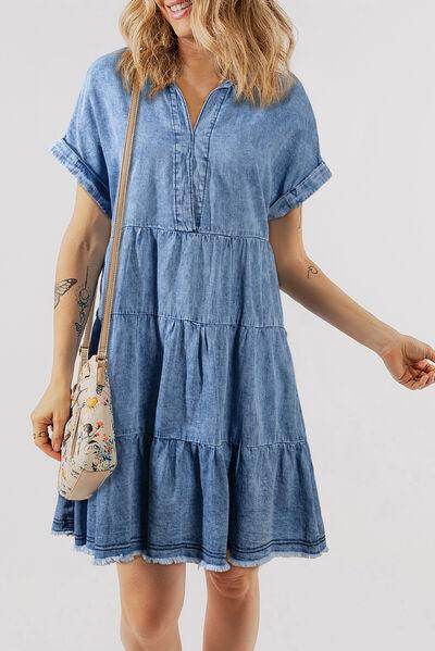 Raw Hem Collared Neck Short Sleeve Denim Dress for Women - Selvanelle