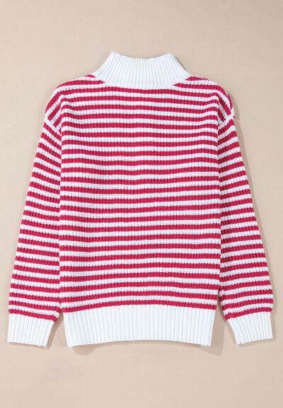 Striped Half Zip Mock Neck Long Sleeve Sweater for Women - Selvanelle