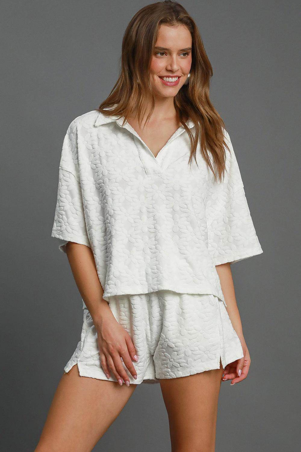 Umgee Floral Elastic Waist Jacquard Shorts with Pockets - Selvanelle