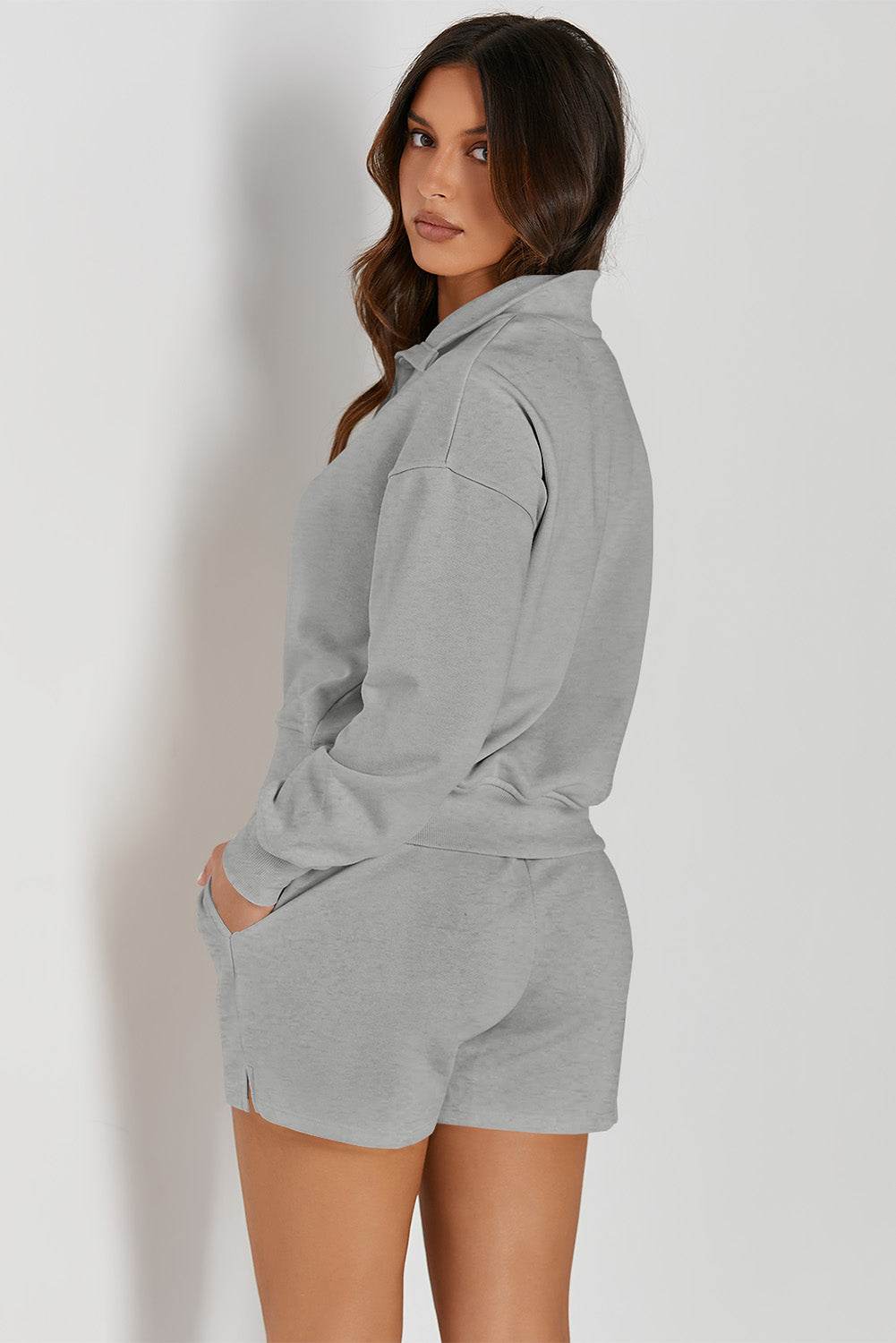 Half Button Sweatshirt and Shorts Active Set - Selvanelle