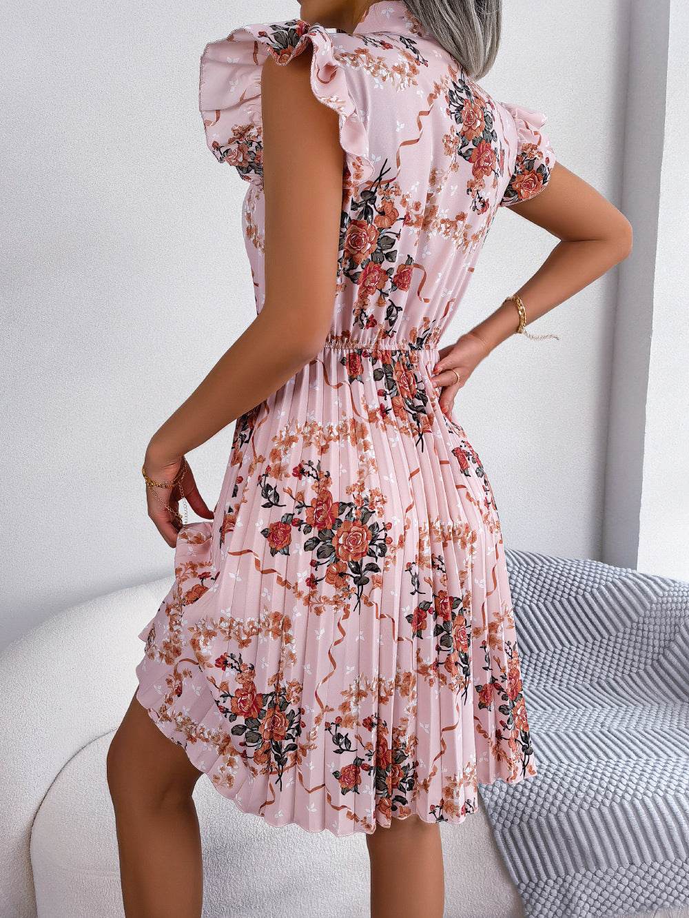 Pleated Floral Printed Tie Neck Knee Length Dress - Selvanelle
