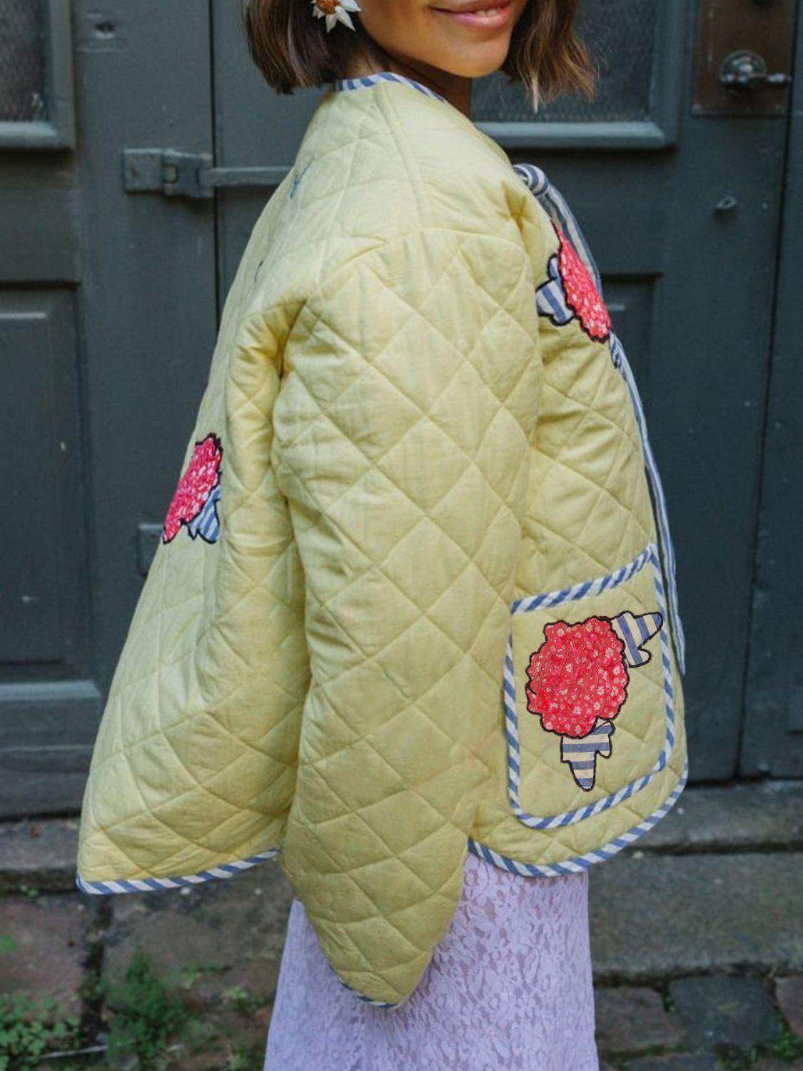 Embroidered Flower Tied Long Sleeve Winter Coat for Women - Selvanelle