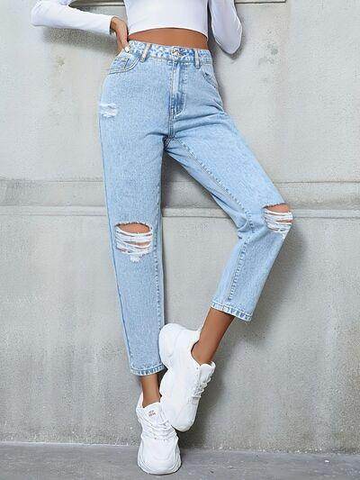 Distressed High Rise Jeans with Pockets for Women - Selvanelle