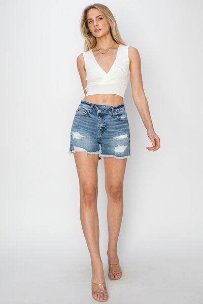 RISEN Stepped Waist Frayed Denim Shorts for Women - Selvanelle