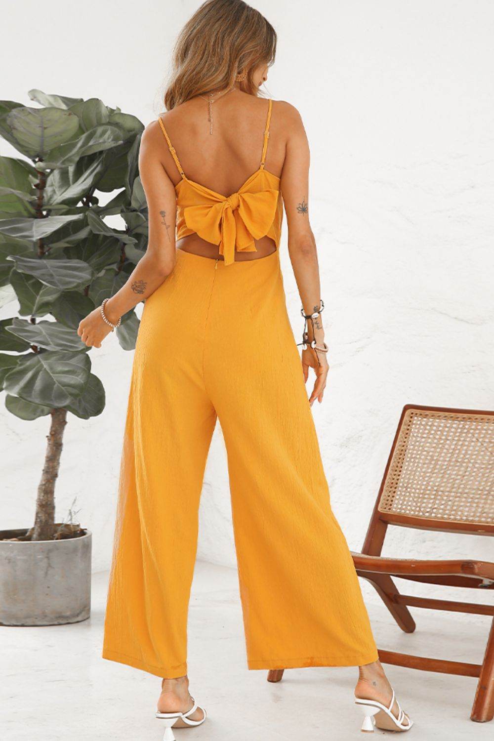 Shiny Cutout Spaghetti Strap Tie Back Wide Leg Jumpsuit - Selvanelle
