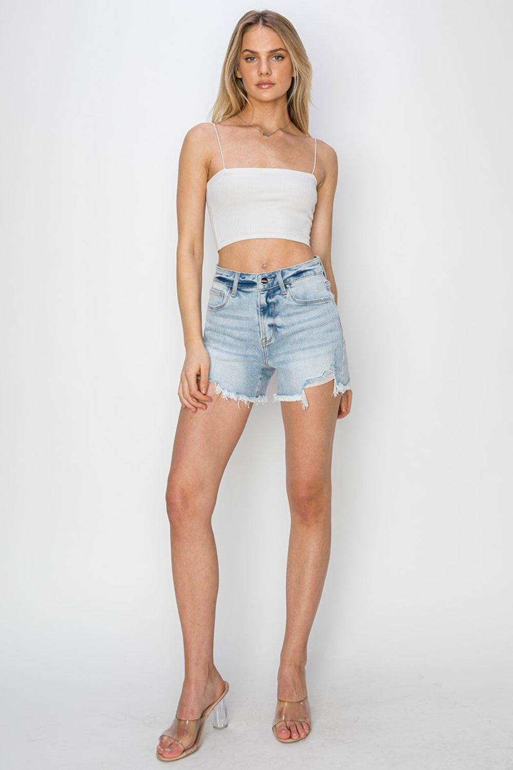 RISEN Full Size High Waist Frayed Detail Denim Shorts - Selvanelle