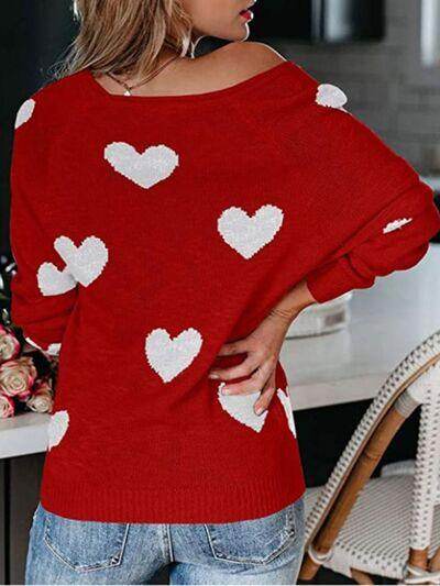 Heart Scoop Neck Long Sleeve Sweater for Women Cozy Style - Selvanelle