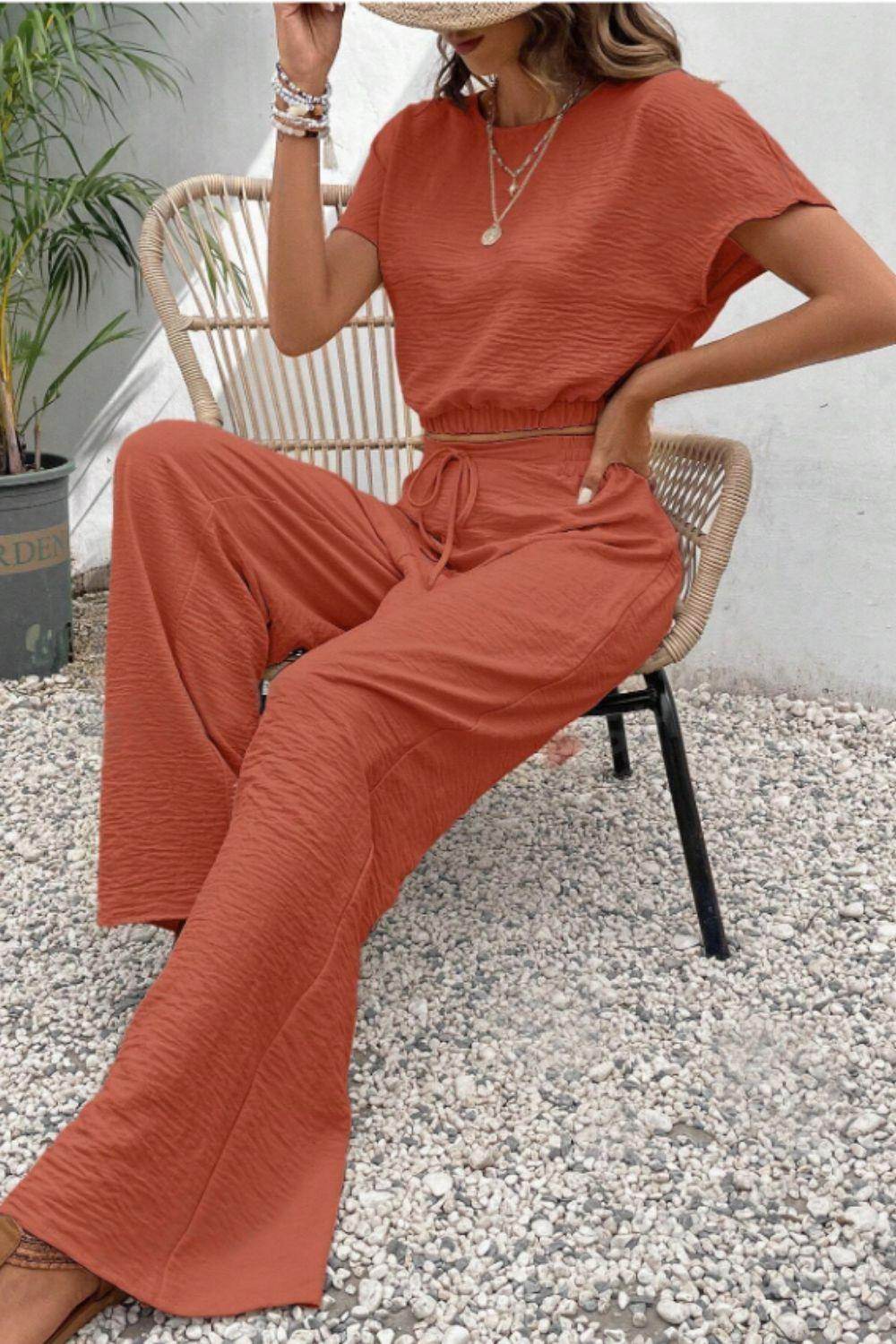 Round Neck Short Sleeve Top and Pants Set for Women - Selvanelle