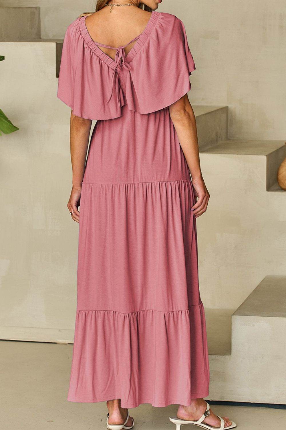 Ruffled V Neck Flutter Sleeve Maxi Dress - Selvanelle