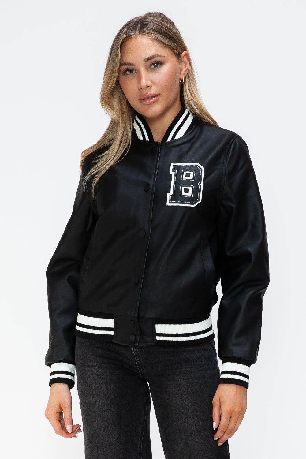Love Me Now PU Leather Contrast Snap Down Bomber Jacket - Selvanelle