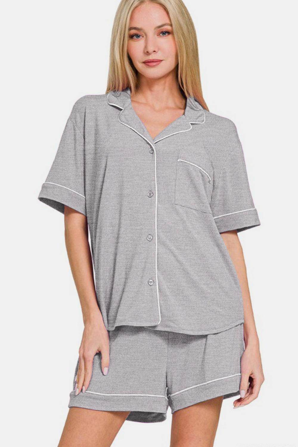 Zenana Button Down Short Sleeve Top and Shorts Lounge Set - Selvanelle