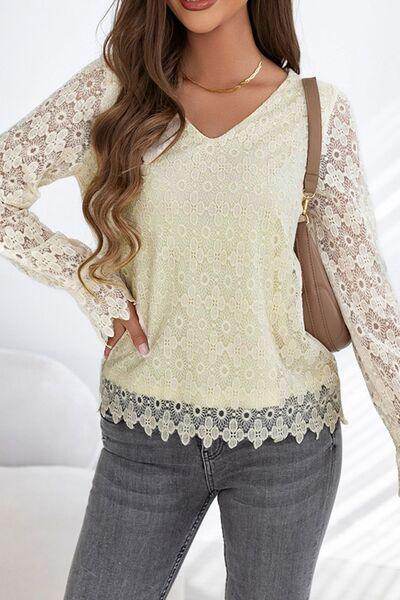 Lace Detail V-Neck Long Sleeve Blouse for Women Fashion - Selvanelle