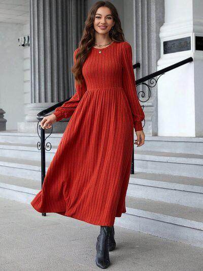 Ribbed Round Neck Long Sleeve Dress for Effortless Style - Selvanelle
