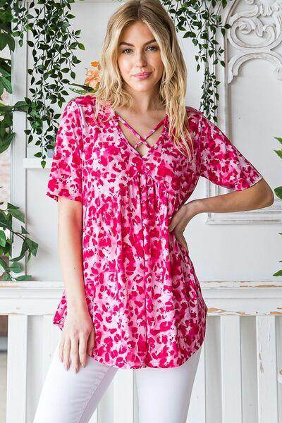 Heimish Full Size Short Sleeve Crisscross Animal Babydoll Top Plus Size - Selvanelle