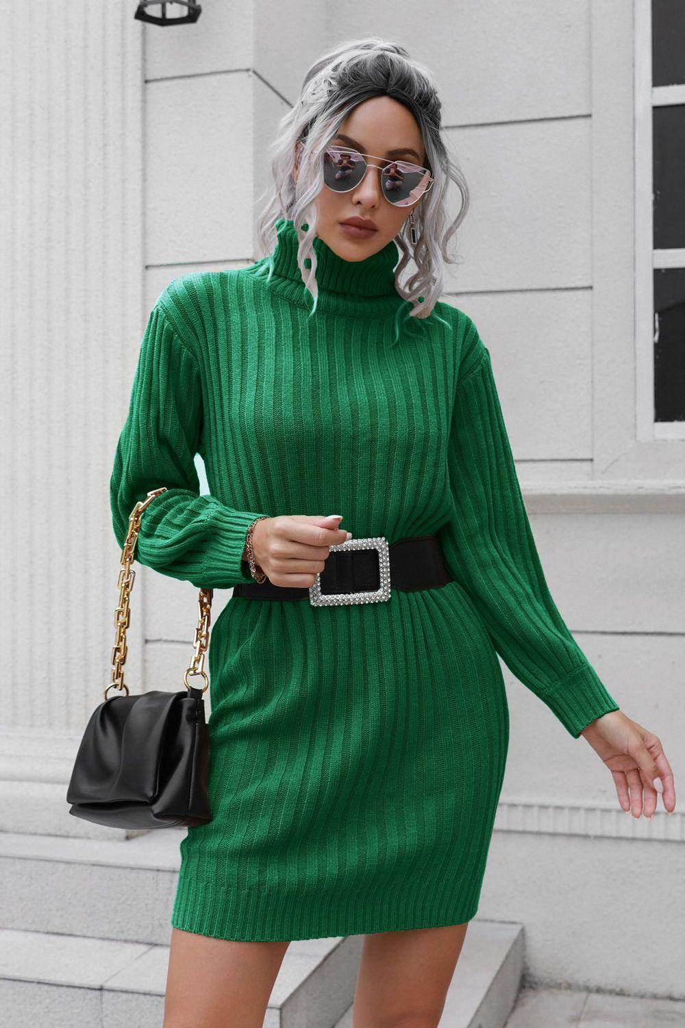 Ribbed Turtle Neck Long Sleeve Mini Sweater Dress for Women - Selvanelle