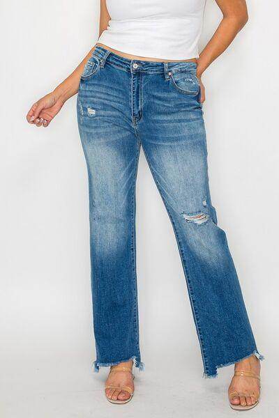 Bytos Full Size Raw Hem Distressed Mid Rise Straight Jeans - Selvanelle