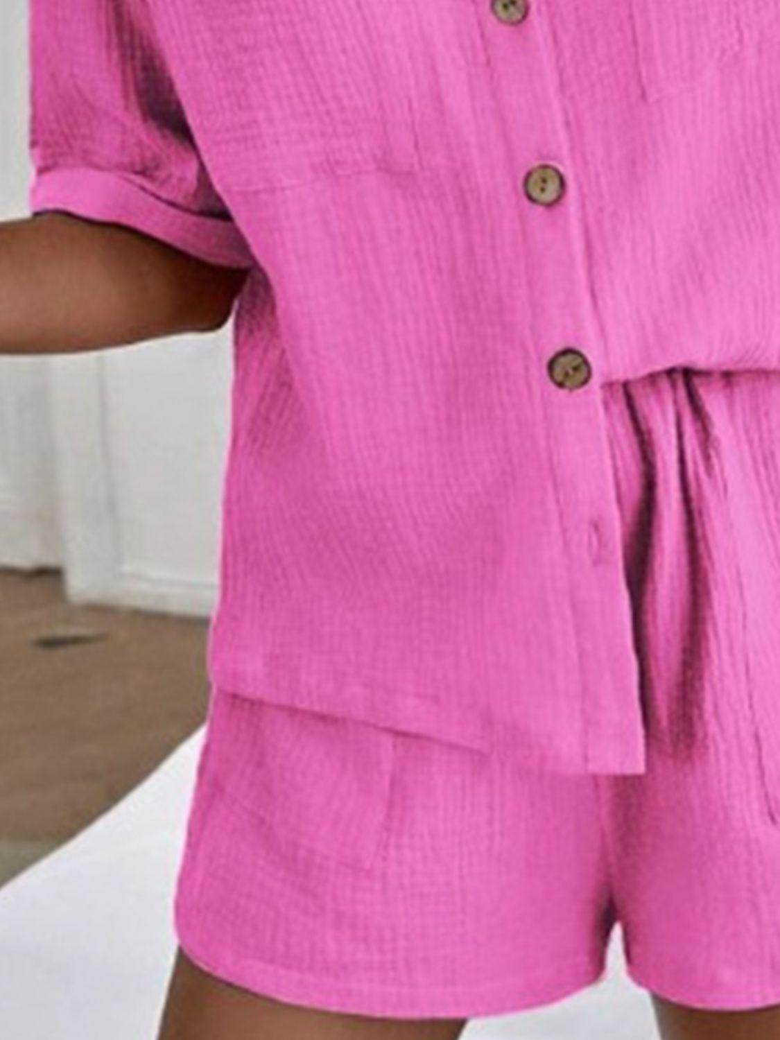 Button Up Short Sleeve Top and Shorts Set for Women - Selvanelle