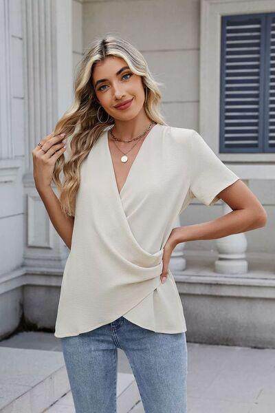 Solid Color Surplice Short Sleeve Blouse for Women - Selvanelle