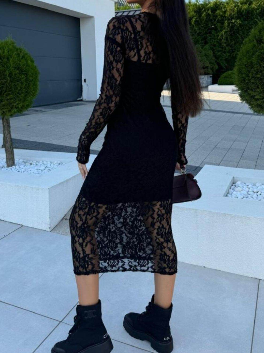 Lace Round Neck Long Sleeve Midi Dress - Selvanelle