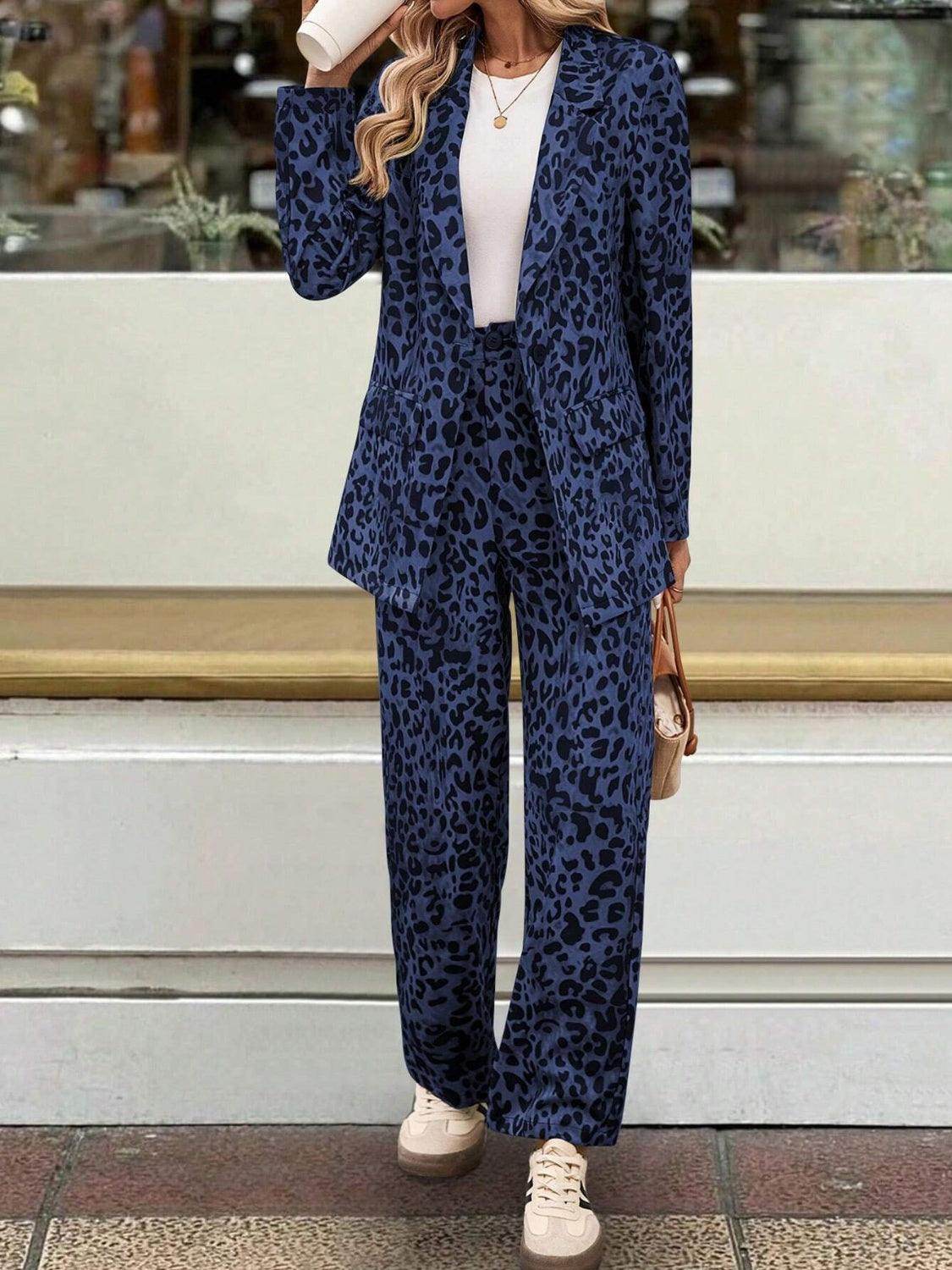 Full Size Leopard Lapel Collar Blazer and Pants Set - Selvanelle