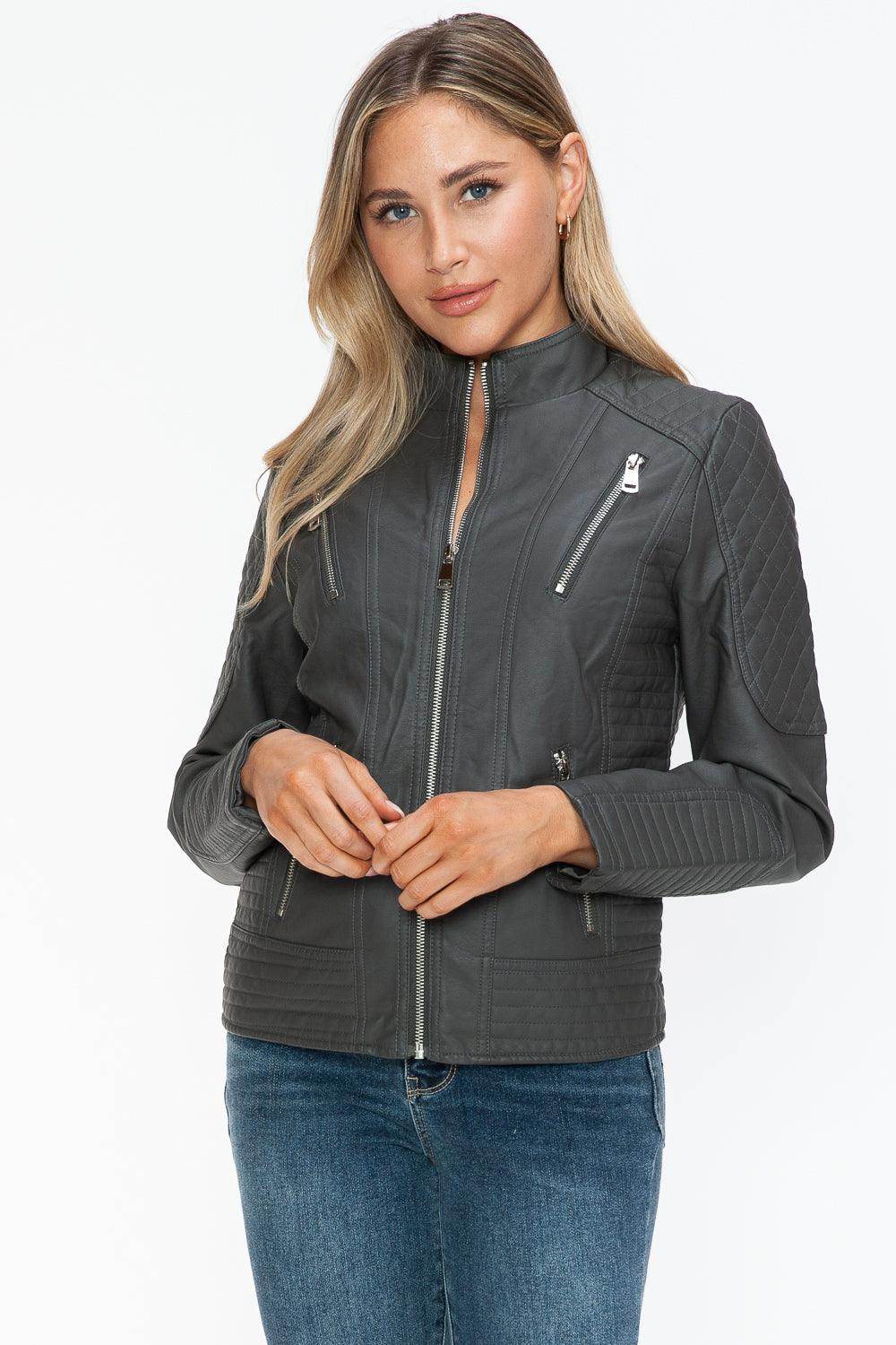 Snobbish Faux Leather Zip Up Mock Neck Jacket for Women - Selvanelle