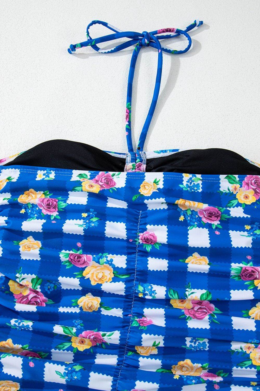 Floral Gingham Halter Neck Drawstring One Piece Swimwear - Selvanelle