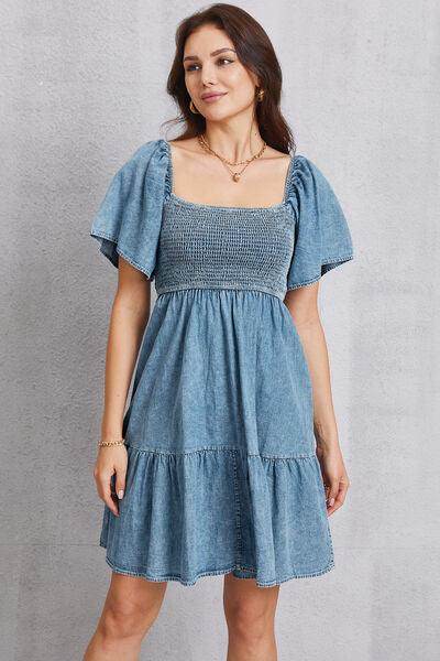 Smocked Square Neck Mini Denim Dress for Women Stylish - Selvanelle