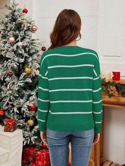 Sequin Santa Striped Round Neck Long Sleeve Sweater for Women - Selvanelle