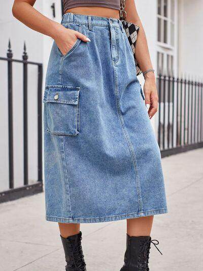 Slit Buttoned Denim Skirt with Pockets for Women - Selvanelle