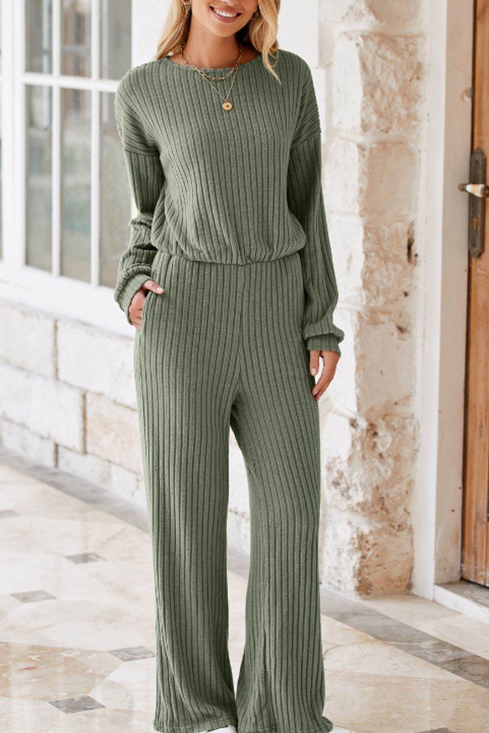 Round Neck Long Sleeve Jumpsuit - Selvanelle