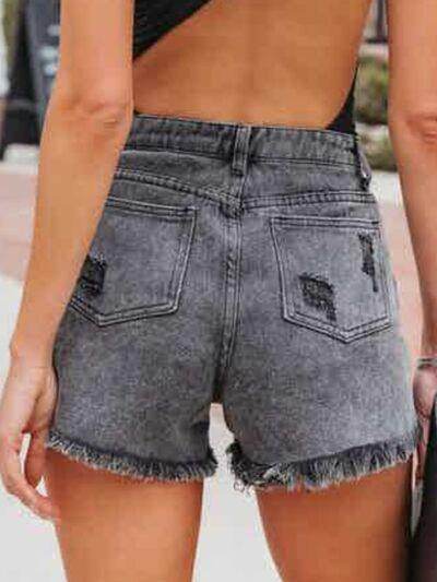 Distressed Fringe Denim Shorts with Pockets for Women - Selvanelle