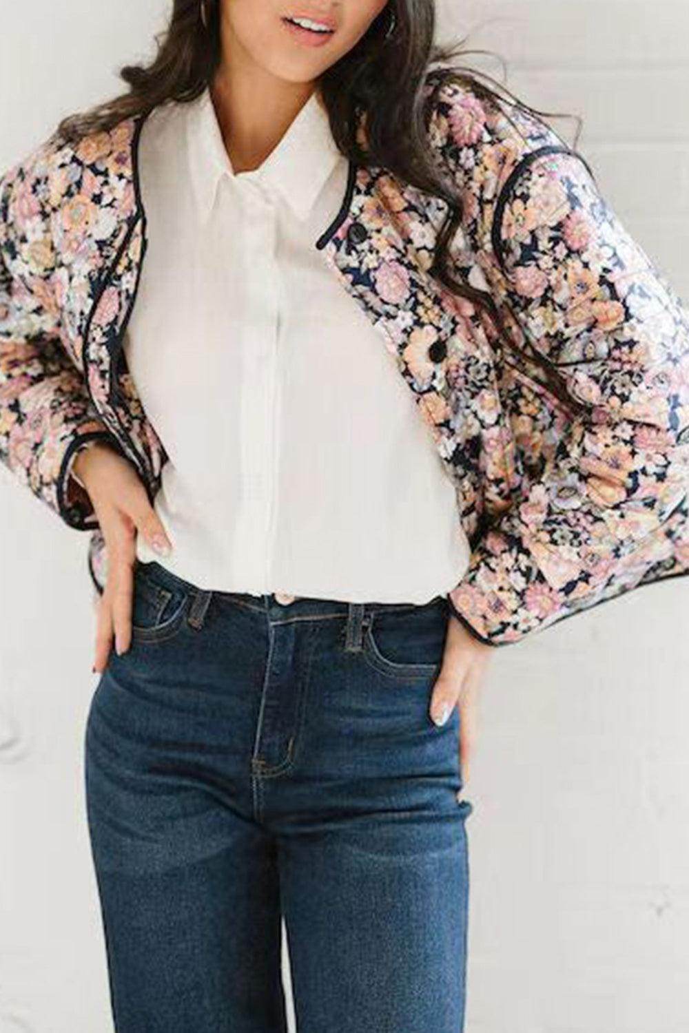 Floral Button Up Long Sleeve Winter Coat for Women - Selvanelle
