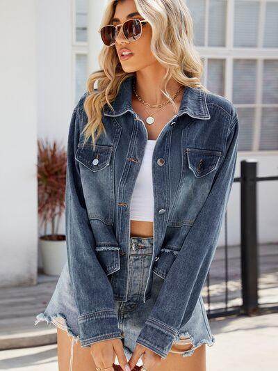 Button Up Long Sleeve Denim Jacket with Pockets for Women - Selvanelle