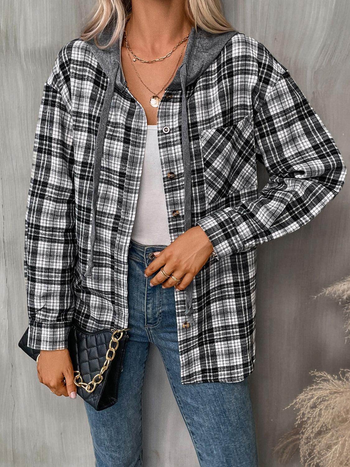 Plaid Long Sleeve Hooded Jacket for Women with Pockets - Selvanelle