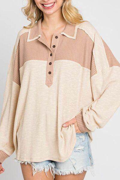 Waffle-Knit Color Block Half Button Long Sleeve Top for Women - Selvanelle