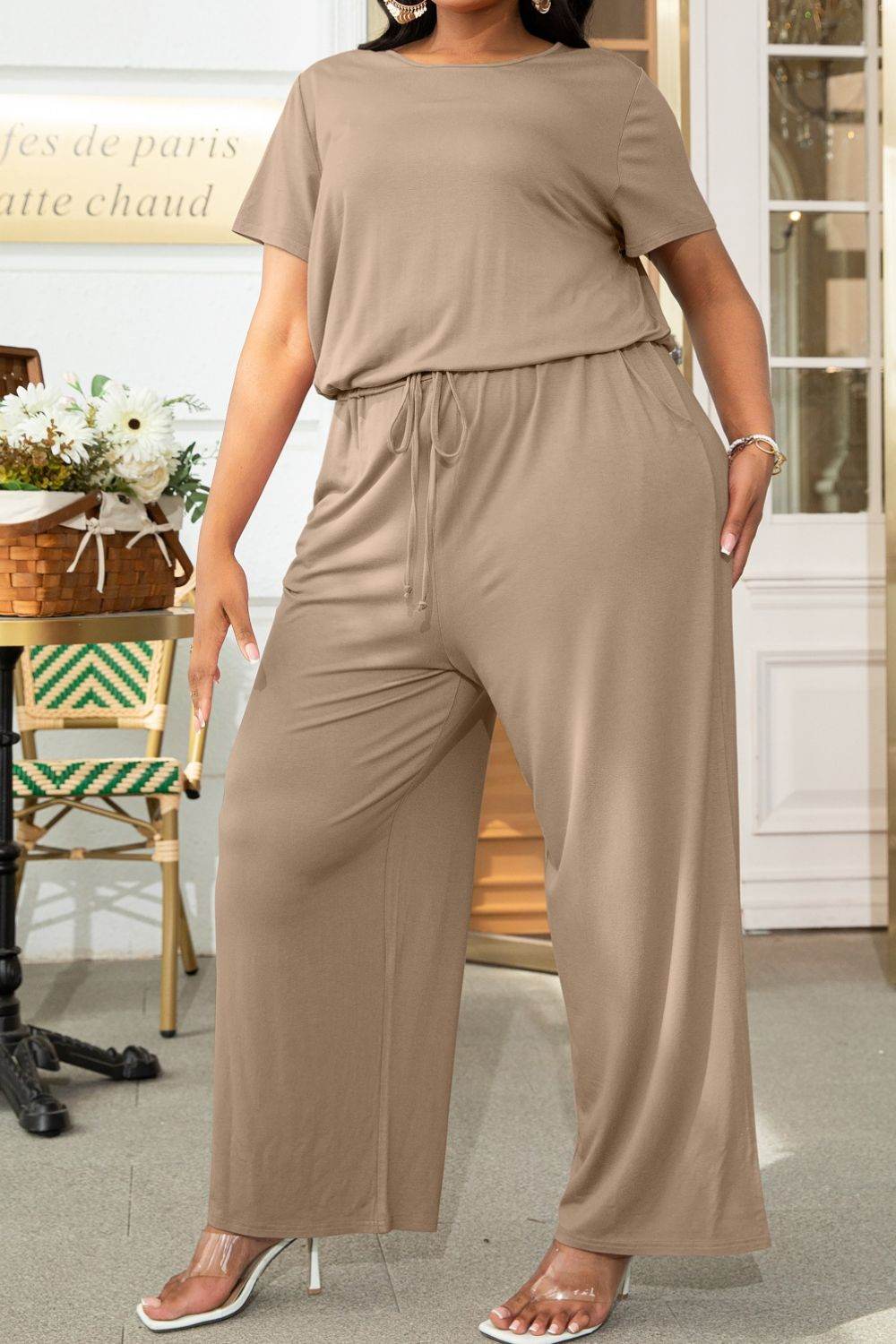 Plus Size Drawstring Waist Short Sleeve Jumpsuit - Selvanelle