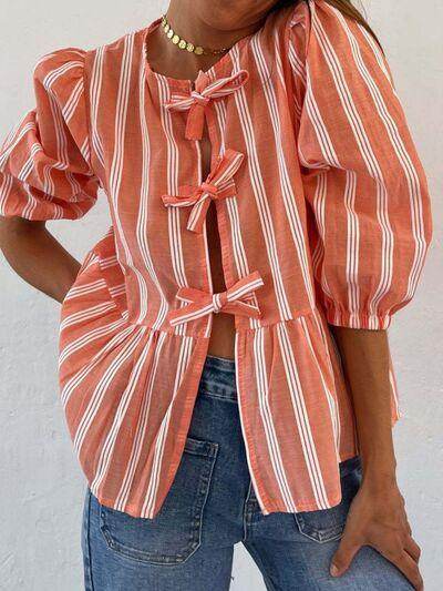 Tied Round Neck Balloon Sleeve Shirt for Stylish Look - Selvanelle