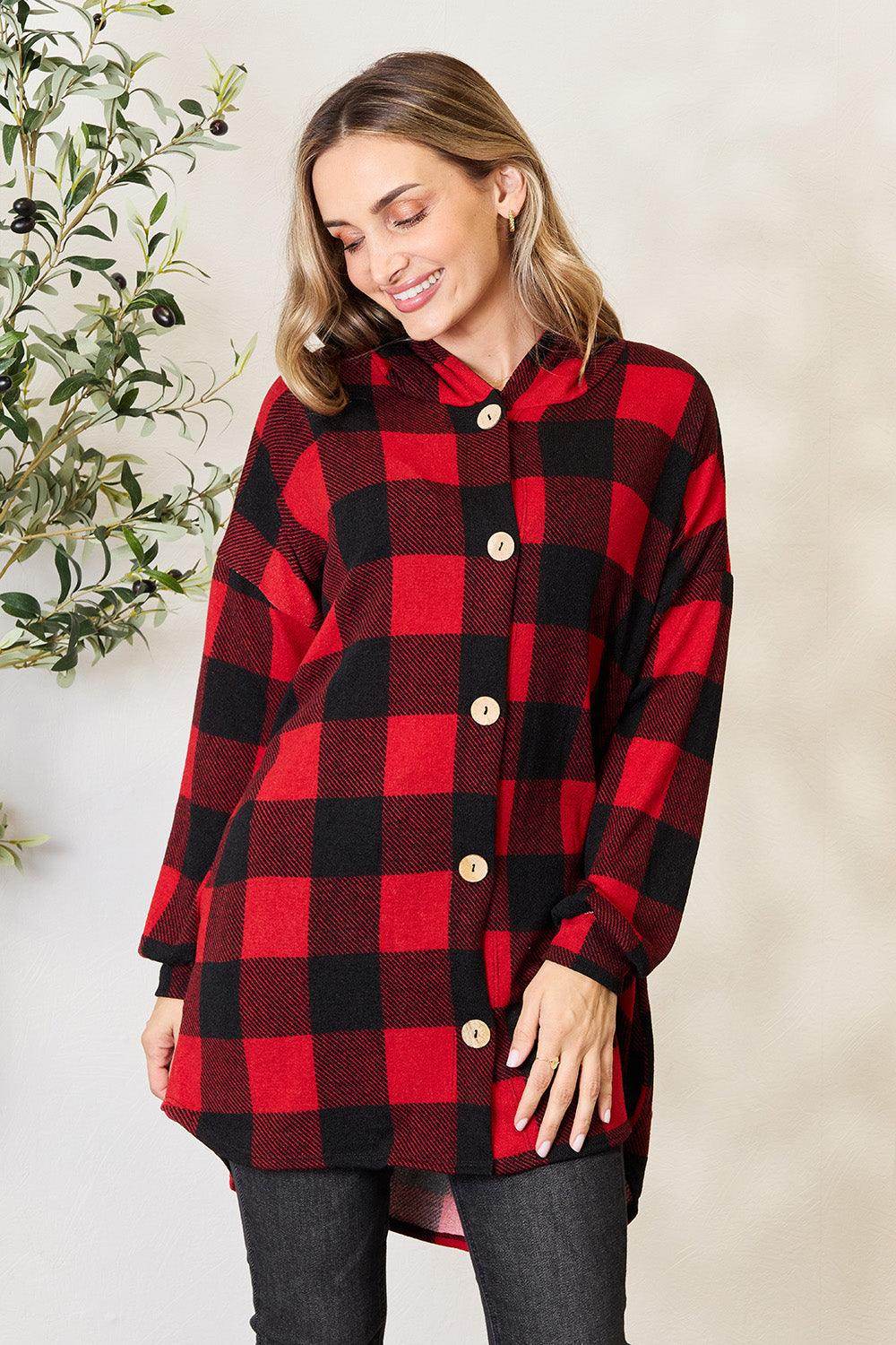 Heimish Full Size Plaid Button Front Hooded Shirt for Women - Selvanelle